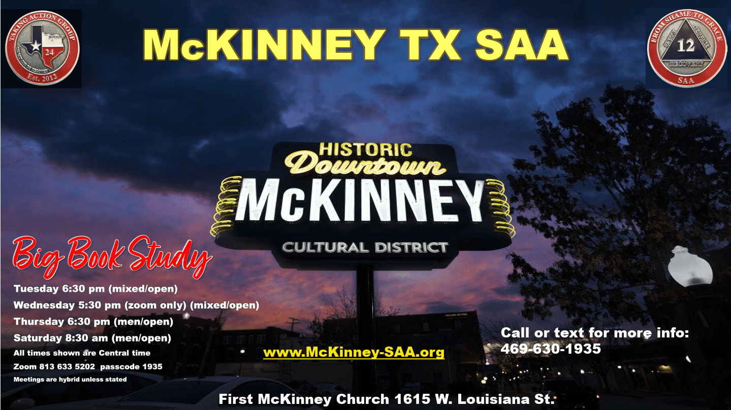 List of SAA Sex Addicts Anonymous meetings in McKinney Texas TX (Tuesdays at 6:30PM, Wednesday at 5:30PM, Thursday at 6:30PM, Saturday at 8:30AM)