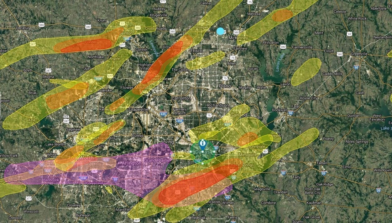 Praus Construction - Hail storm restoration areas serviced, hail maps of damage to Dallas/Ft. Worth (DFW) area